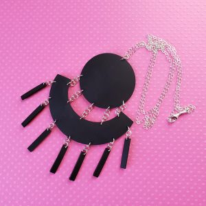 Abigail Necklace Black Leather Stylized Sun Shaped Pendant with Sterling Silver Linking Rings 36 inch Necklace with Lobster Clasp 925 Stamped Silver 18 inch Double Necklace Pink Background