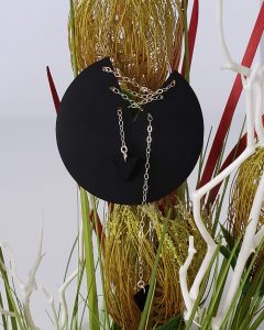 Aimee Necklace Large Black Leather Circle with V-cutout Shoe Laced with Sterling Silver Chain and Triangle Tassels 40 inch Sterling Silver Chain 925 Stamped Lobster Clasp Fall Style