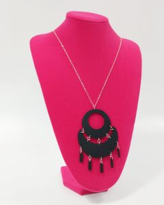 April Black Leather Stylized Moon Shaped Pendant with Sterling Silver Linking Rings 36 inch Necklace with Lobster Clasp 925 Stamped Silver 18 inch Double Necklace Red Bust Left