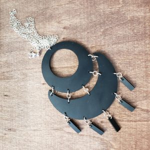 April Black Leather Stylized Moon Shaped Pendant with Sterling Silver Linking Rings 36 inch Necklace with Lobster Clasp 925 Stamped Silver 18 inch Double Necklace Wood Background