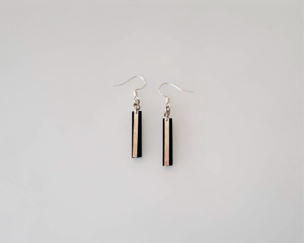 Adele Earrings Solid Silver Bar Layered with Black Genuine Leather Bar